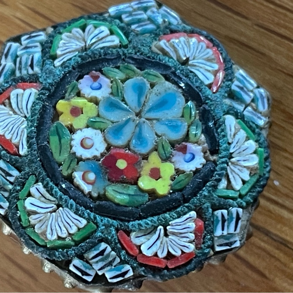 Vintage Antique Brooch Micro Mosaic Glass Pin Floral Flower Hexagon Brass Italy